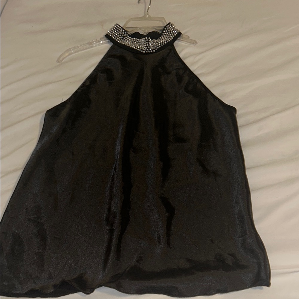 Black Sleeveless Blouse with High Low Design and Embellished Features